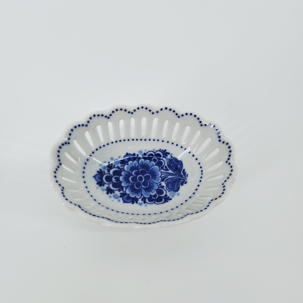 Vintage Delft Handpainted Delfleur Holland Reticulated Trinket Dish Blue Floral